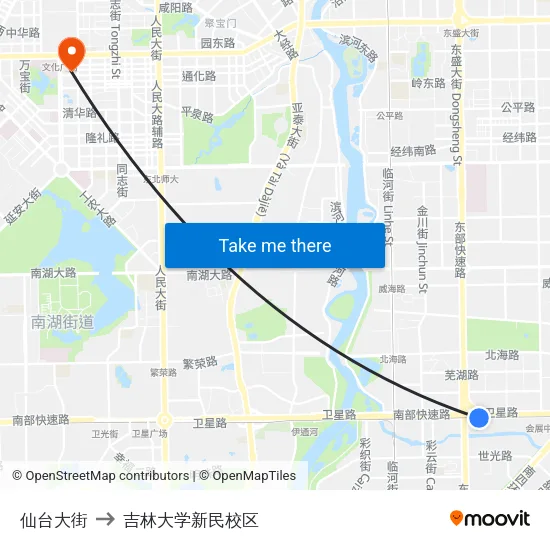 仙台大街 to 吉林大学新民校区 map