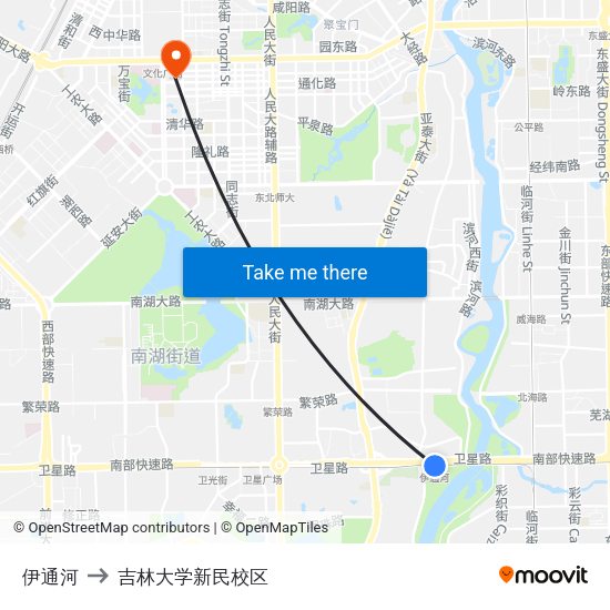 伊通河 to 吉林大学新民校区 map