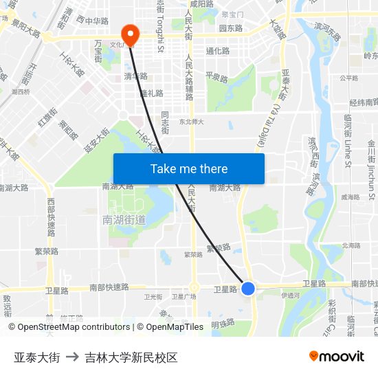亚泰大街 to 吉林大学新民校区 map