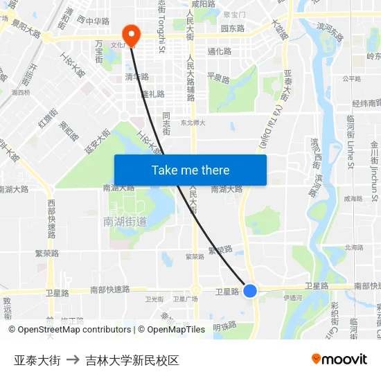 亚泰大街 to 吉林大学新民校区 map