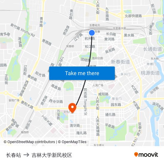 长春站 to 吉林大学新民校区 map