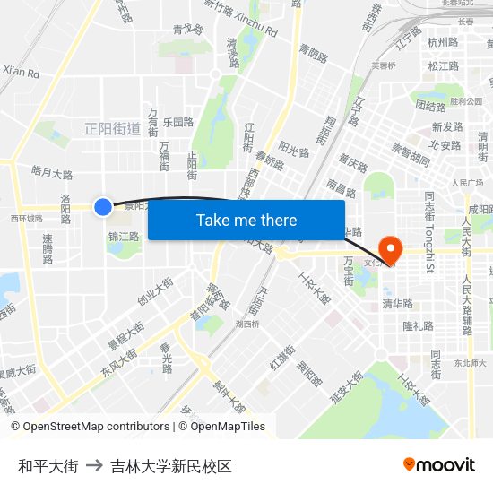 和平大街 to 吉林大学新民校区 map