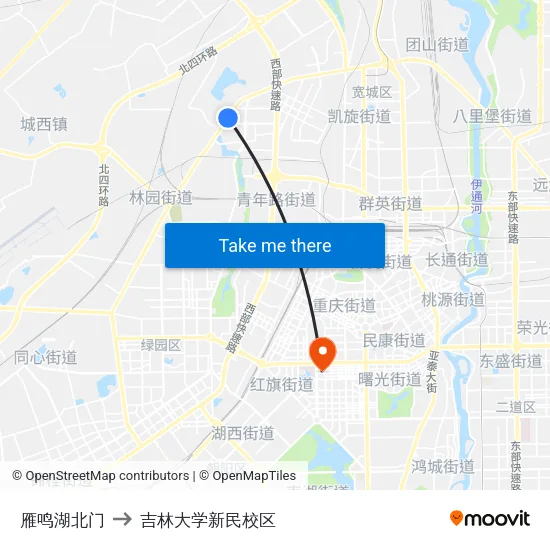 雁鸣湖北门 to 吉林大学新民校区 map