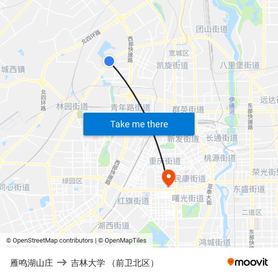 雁鸣湖山庄 to 吉林大学 （前卫北区） map