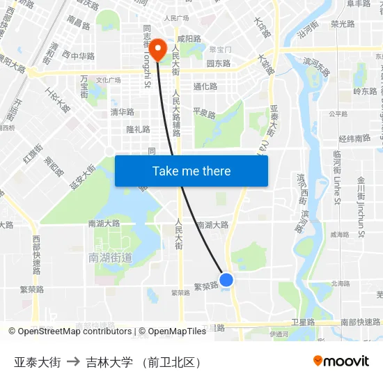 亚泰大街 to 吉林大学 （前卫北区） map