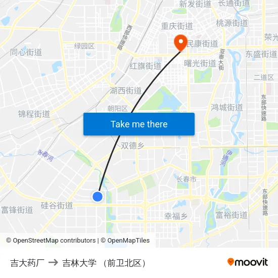 吉大药厂 to 吉林大学 （前卫北区） map