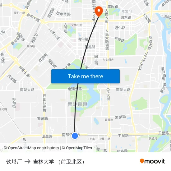 铁塔厂 to 吉林大学 （前卫北区） map