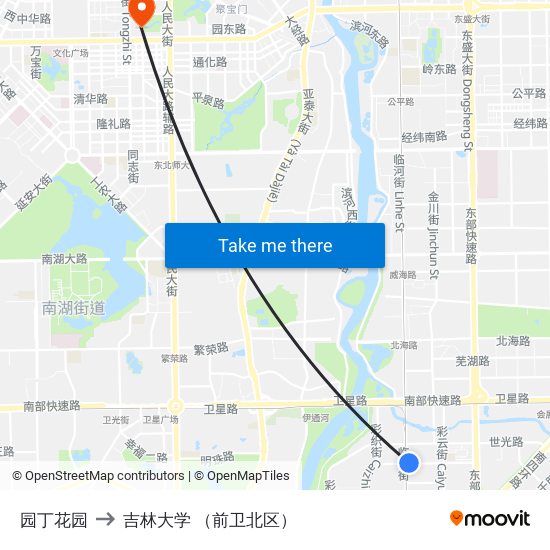 园丁花园 to 吉林大学 （前卫北区） map