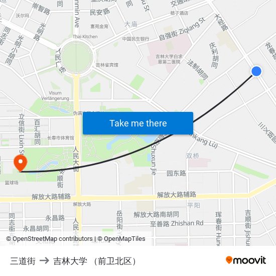 三道街 to 吉林大学 （前卫北区） map