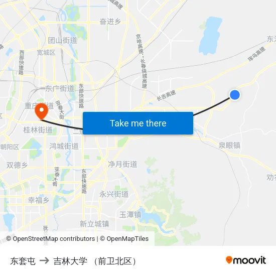 东套屯 to 吉林大学 （前卫北区） map