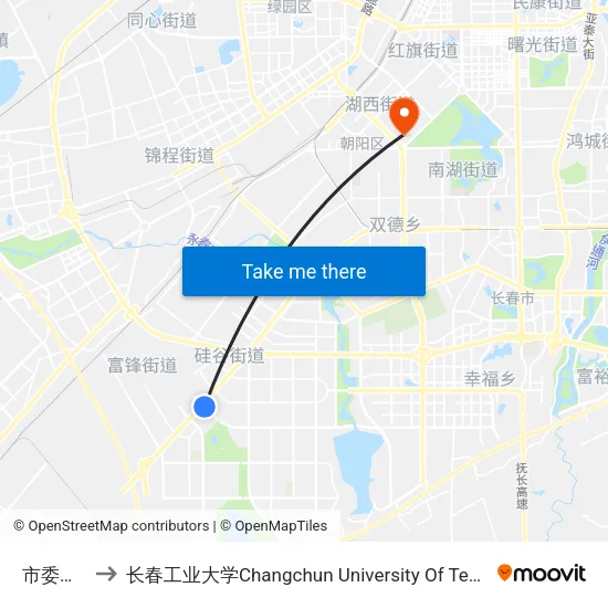 市委党校 to 长春工业大学Changchun University Of Technology map