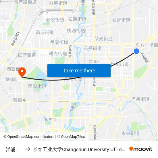 洋浦花园 to 长春工业大学Changchun University Of Technology map
