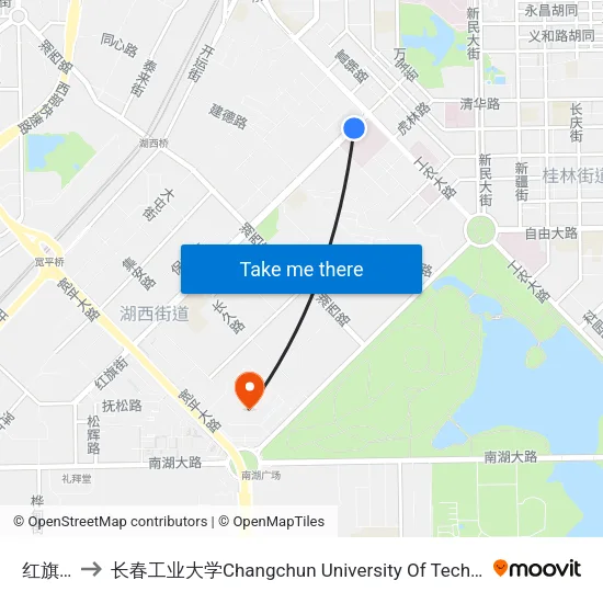 红旗街 to 长春工业大学Changchun University Of Technology map