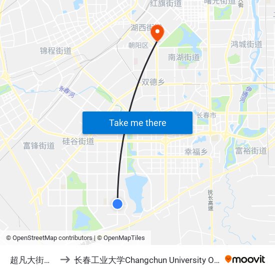 超凡大街宜居路 to 长春工业大学Changchun University Of Technology map