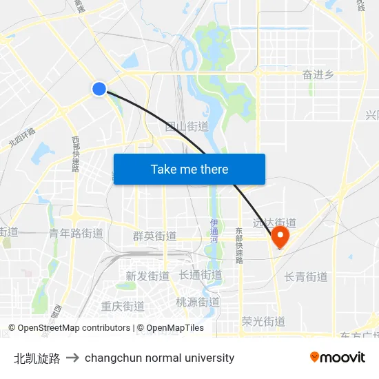 North Kaixuan Road to Changchun Normal University map