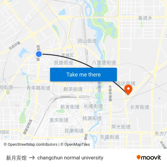 新月宾馆 to changchun normal university map