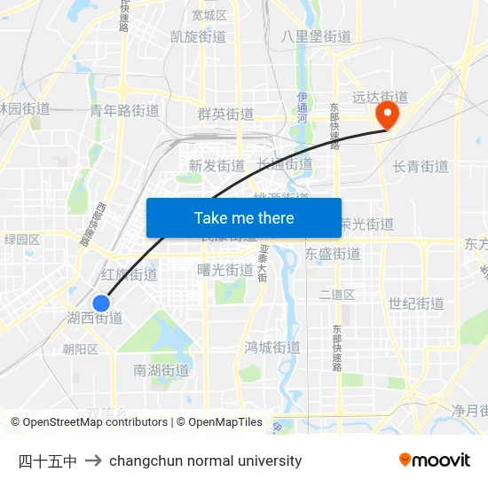 No. 45 Middle School to Changchun Normal University map
