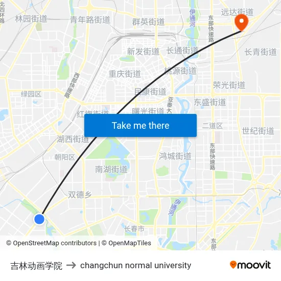 Jilin Animation Institute to Changchun Normal University map