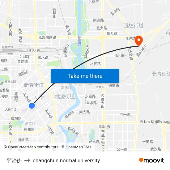 Pingzhi Street to Changchun Normal University map