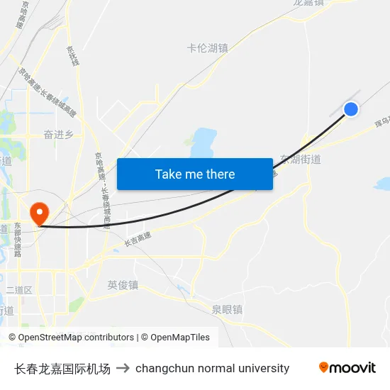 Changchun Longjia International Airport to Changchun Normal University map