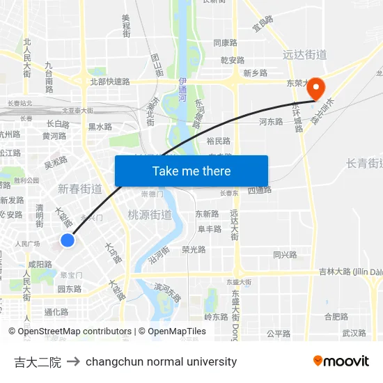 Jilin University Second Hospital to Changchun Normal University map