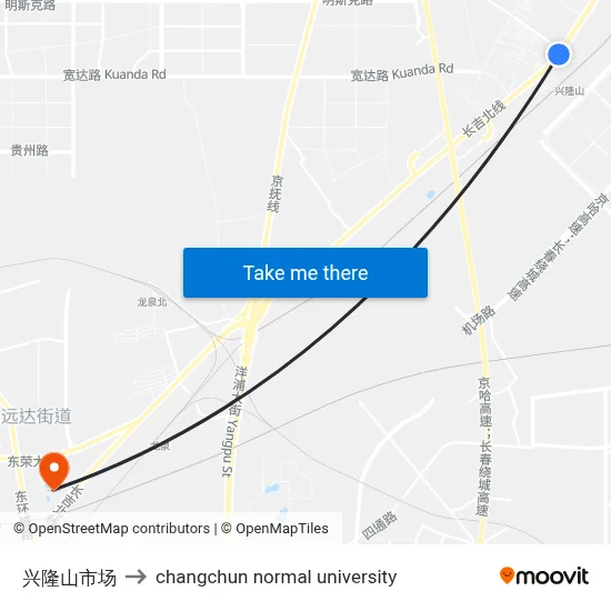 Xinglong Mountain Market to Changchun Normal University map