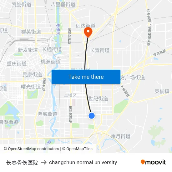 Changchun Bone Injury Hospital to Changchun Normal University map