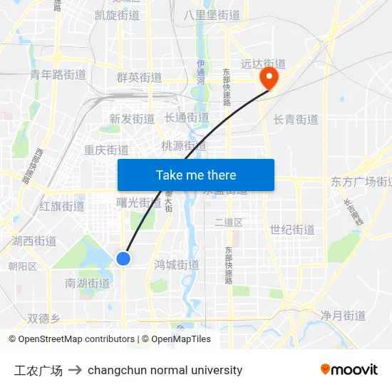 Gongnong Square to Changchun Normal University map