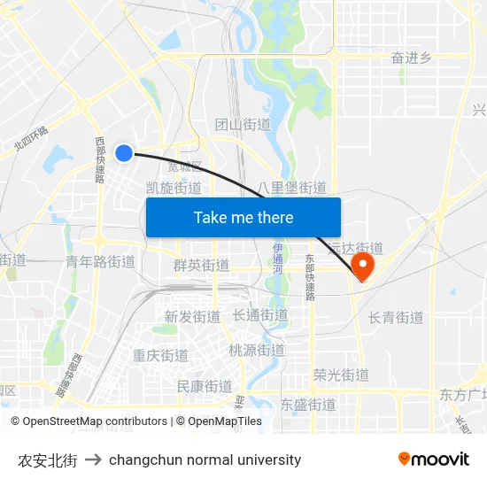 Nong'an North Street to Changchun Normal University map