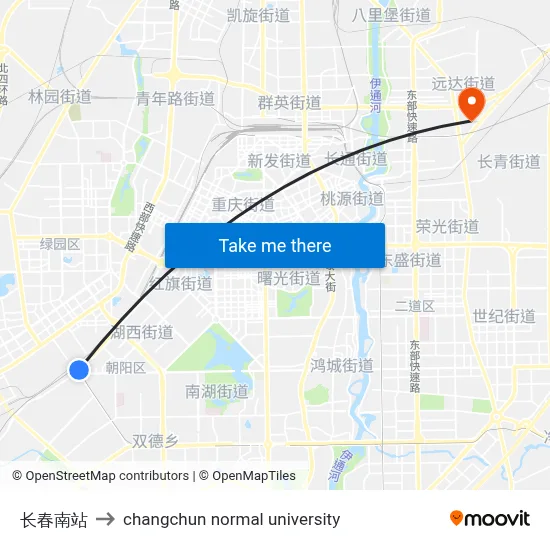 Changchun South Station to Changchun Normal University map
