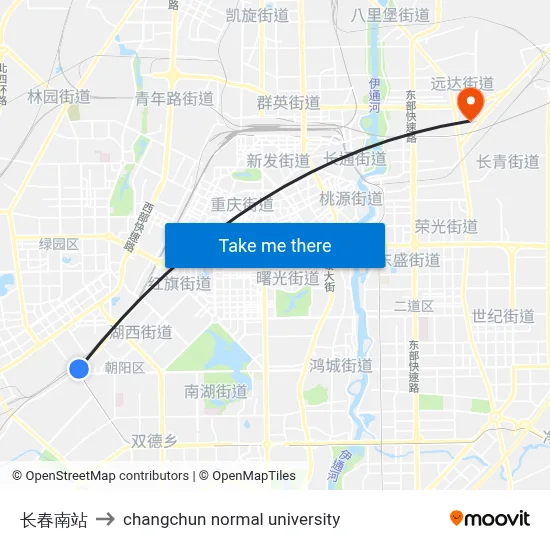 Changchun South Station to Changchun Normal University map