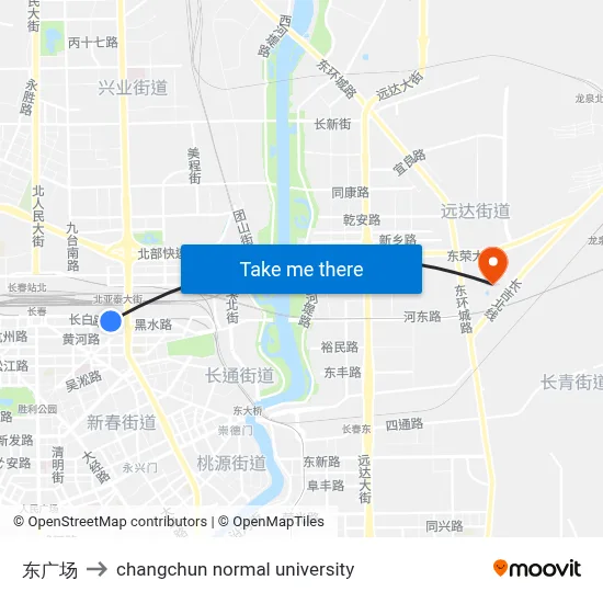East Square to Changchun Normal University map