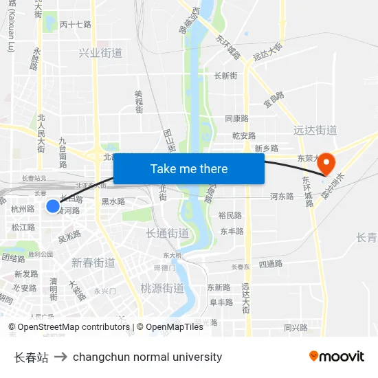 Changchun Station to Changchun Normal University map