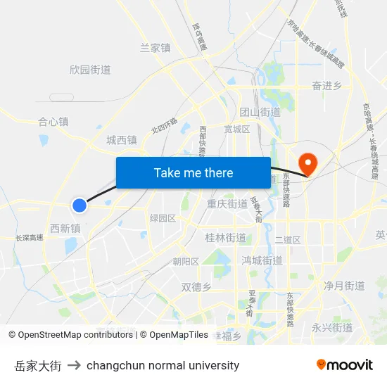 Yuejia Street to Changchun Normal University map