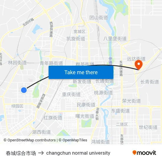 Chuncheng Comprehensive Market to Changchun Normal University map