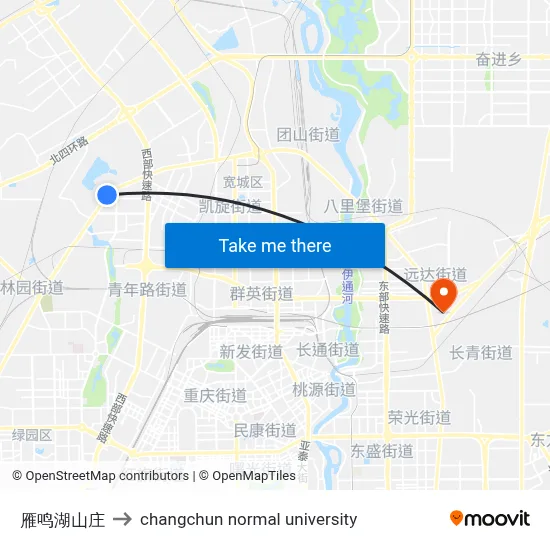 Yanming Lake Villa to Changchun Normal University map