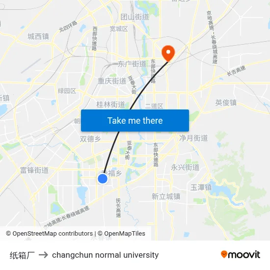 纸箱厂 to changchun normal university map
