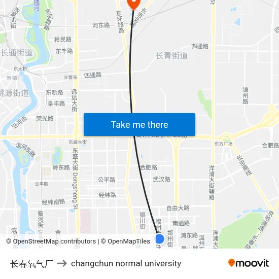 Changchun Oxygen Factory to Changchun Normal University map