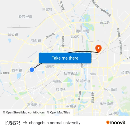 Changchun West Station to Changchun Normal University map