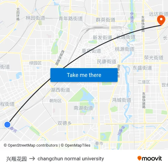 Xingshun Garden to Changchun Normal University map