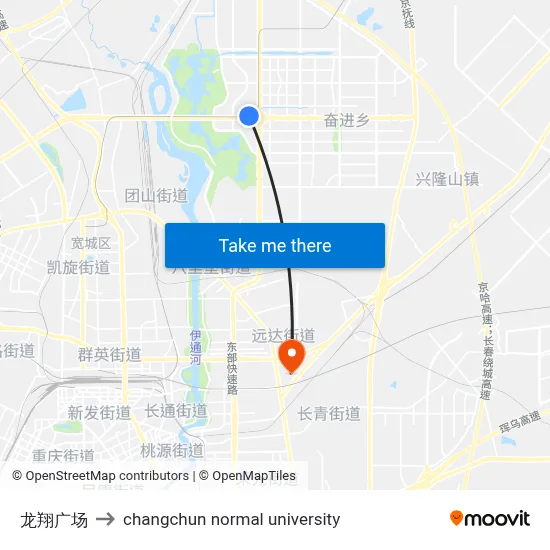 Longxiang Square to Changchun Normal University map