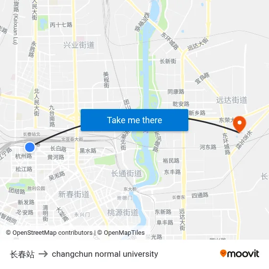 Changchun Station to Changchun Normal University map