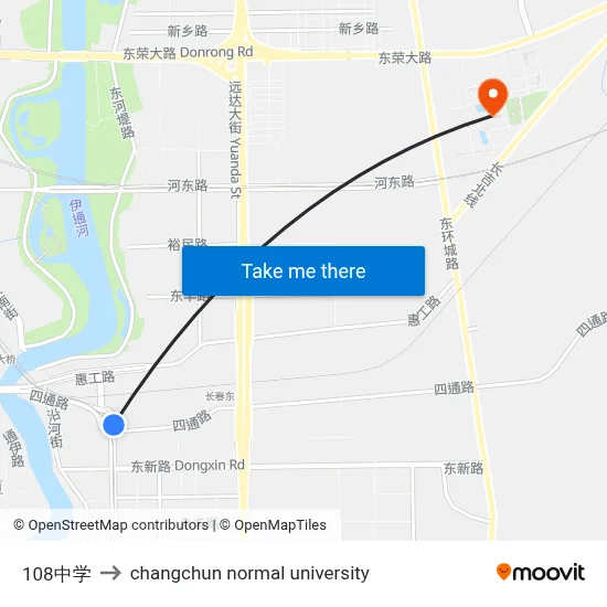 No. 108 Middle School to Changchun Normal University map