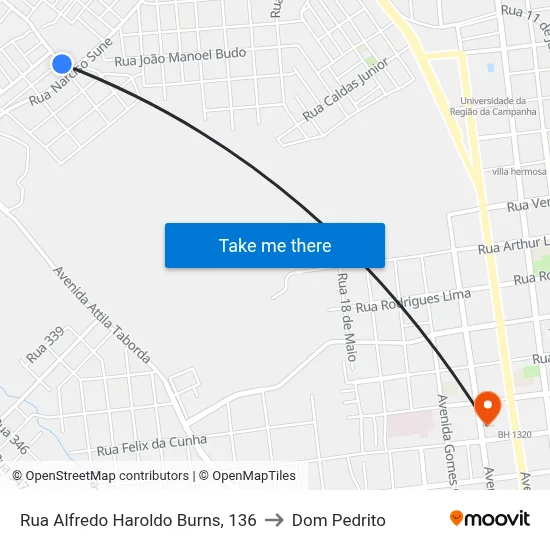 Rua Alfredo Haroldo Burns, 136 to Dom Pedrito map