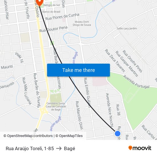 Rua Araújo Toreli, 1-85 to Bagé map