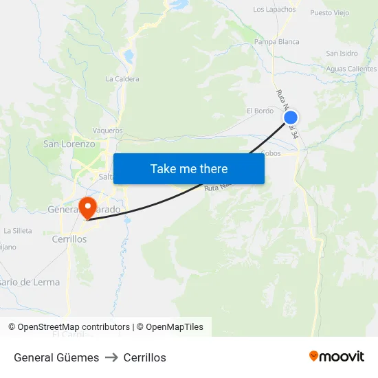General Güemes to Cerrillos map