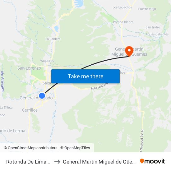 Rotonda De Limache to General Martín Miguel de Güemes map