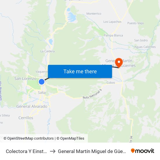 Colectora Y Einstein to General Martín Miguel de Güemes map