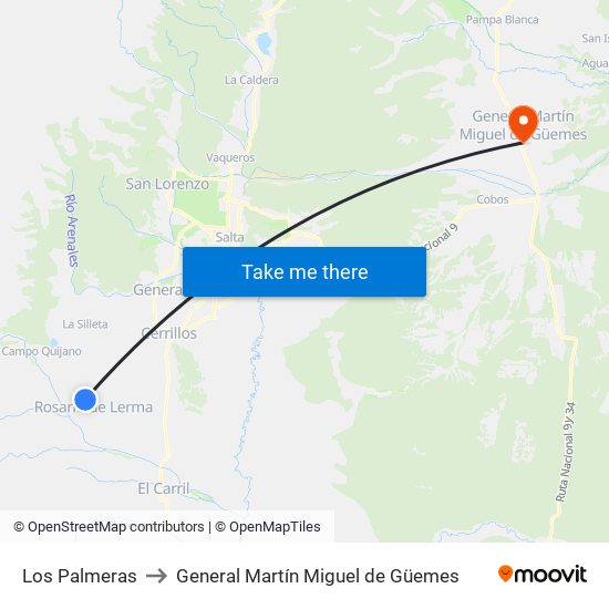 Los Palmeras to General Martín Miguel de Güemes map