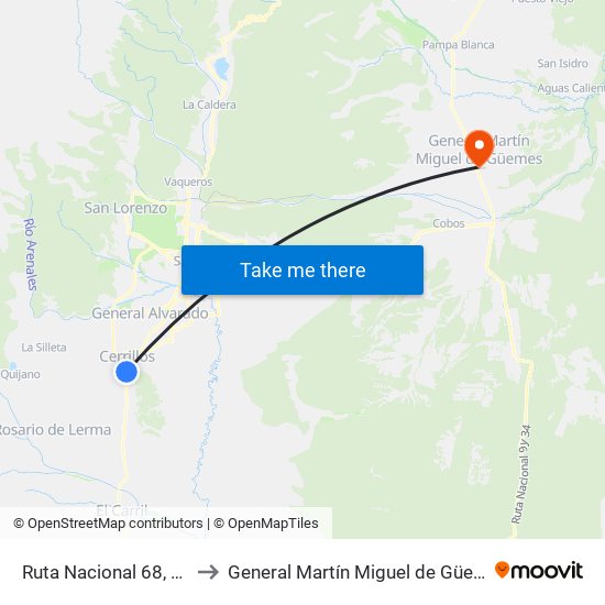 Ruta Nacional 68, 401 to General Martín Miguel de Güemes map